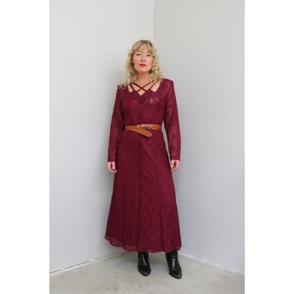 1980's Vintage Witchy Wine and Lace Dress ~ Women's MD LG ~ Stevie Nicks Vibes - Picture 9 of 10